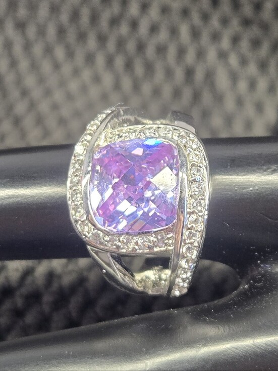 Jewelry - Silver Ring with Purple Cubic Zirconia and Pavé Accents Size 5